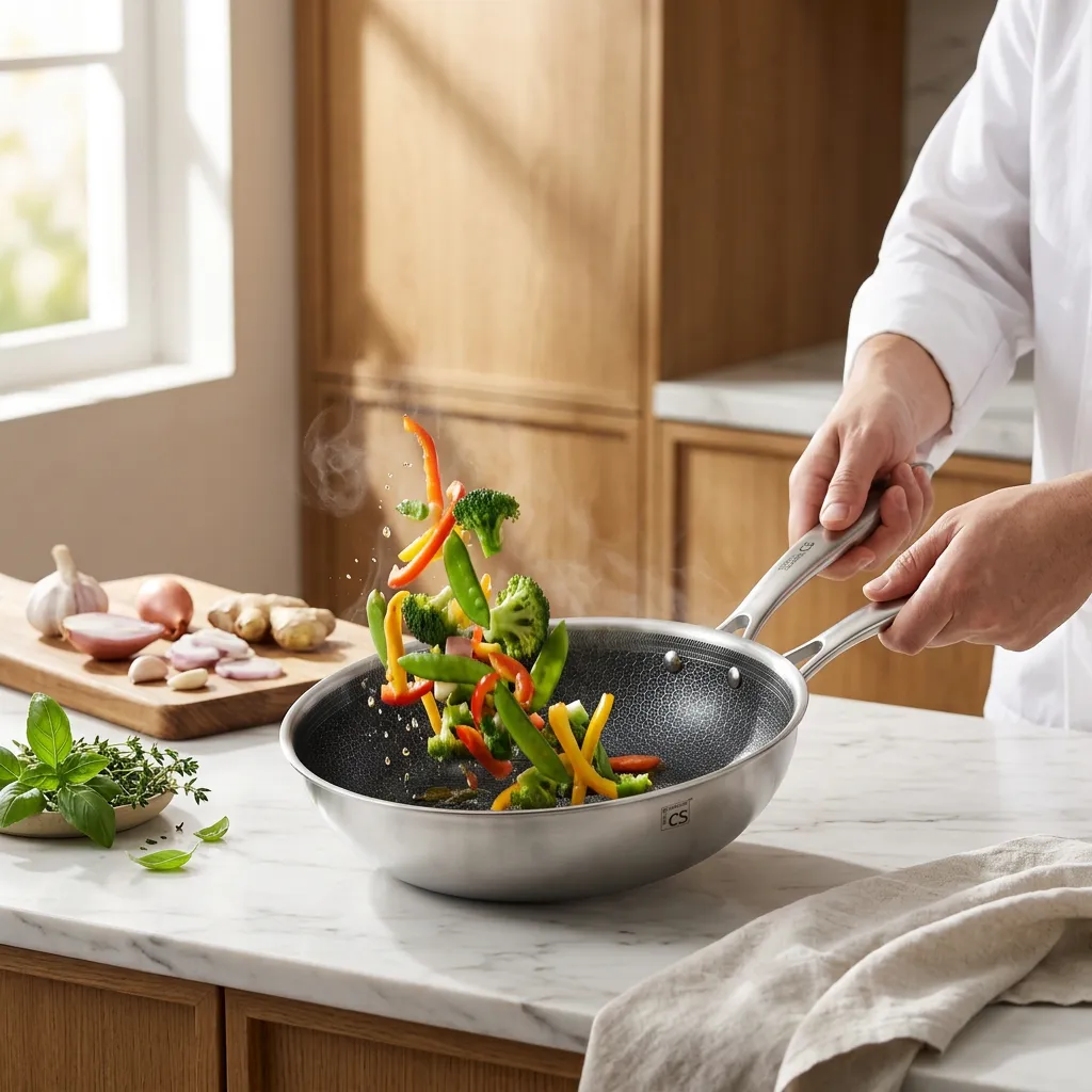 Premium stainless steel cookware set on marble countertop