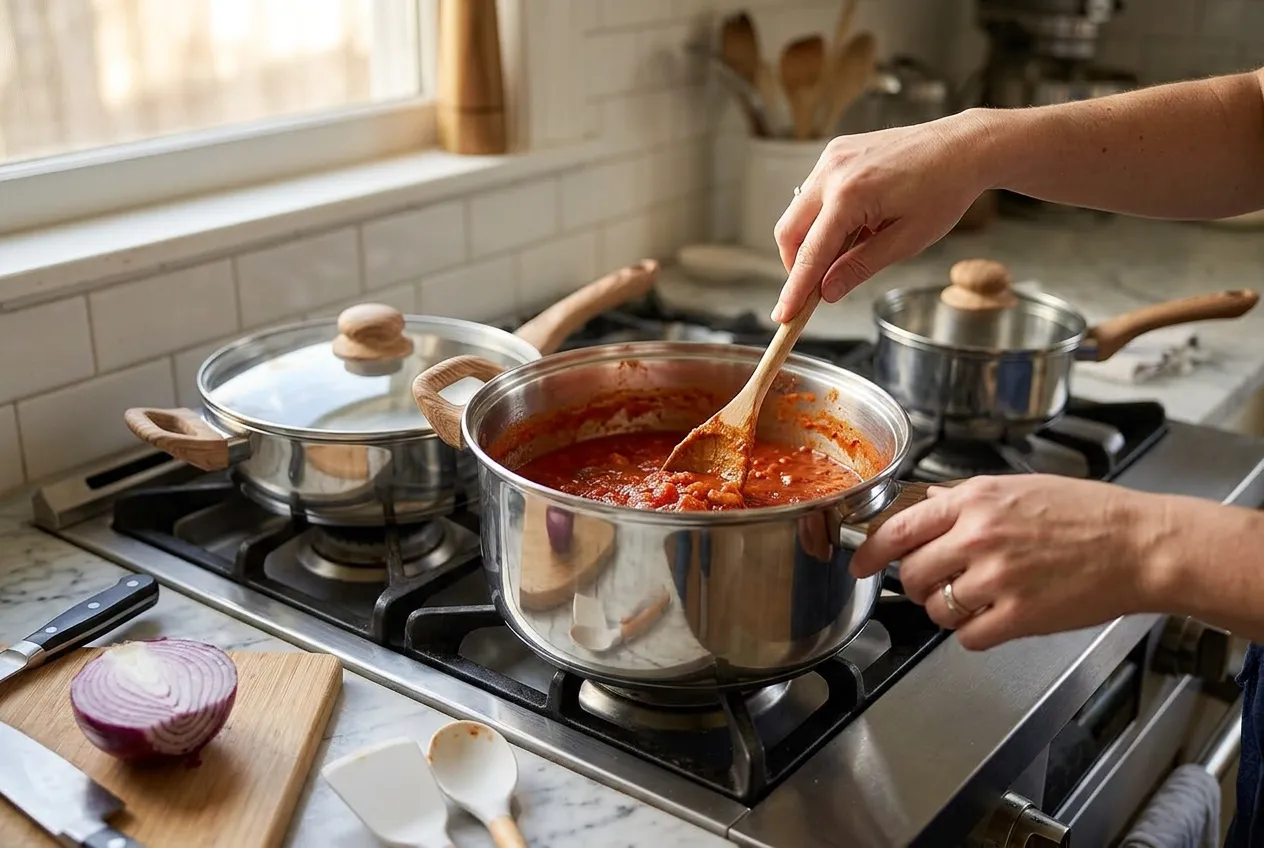 Chef searing steak in stainless steel pan