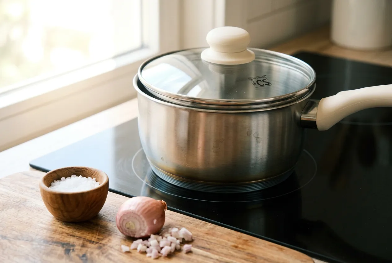 Chef searing steak in stainless steel pan